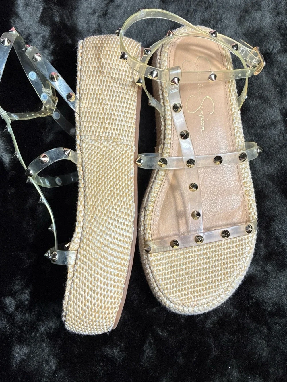 Jessica Simpson Clear Studded Platform Sandal in Beige Woven